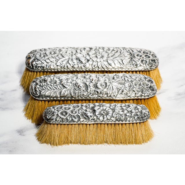Beautiful Gorham Antique Victorian Floral Repoussé Sterling Silver Vanity Dresser Brushes For Sale - Image 12 of 16