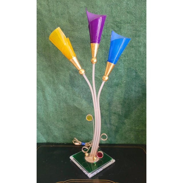 Blue Vintage Mid Century Modern Memphis Style 3 Light Yellow Purple Blue Tulip Colored Lucite Table Lamp For Sale - Image 8 of 8