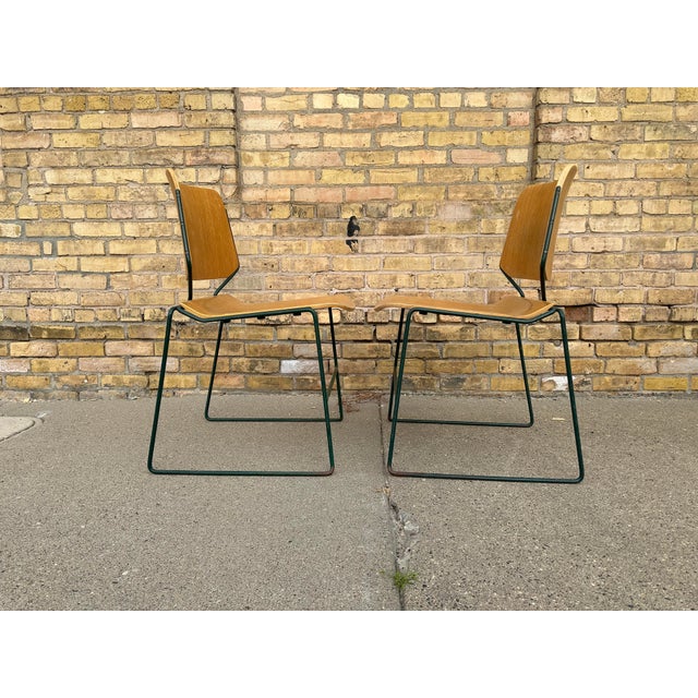 Tan Vintage German School Chairs – Set of 8 – Green Metal + Plywood (Stackable) For Sale - Image 8 of 8