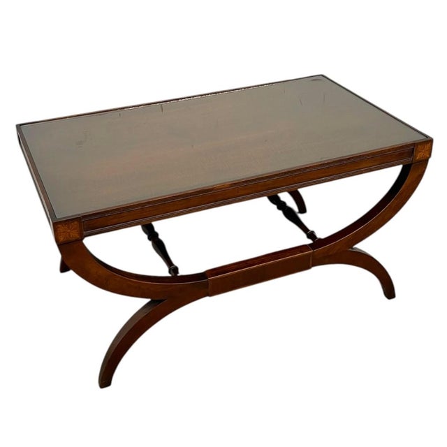 Vintage Neoclassical Style Coffee Table With Removable Glass Top, Curved Saber Legs and Floral Inlay Accents For Sale - Image 4 of 11