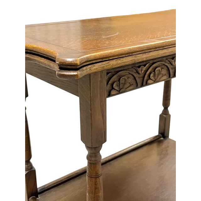Wood Antique English Jacobean Style Oak Flip Top Game Table Bar Cart Carved Frieze For Sale - Image 7 of 18