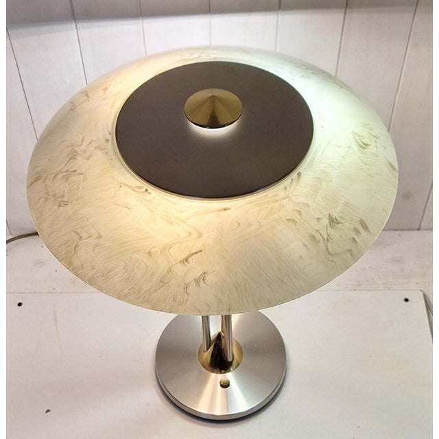 Vintage Table Lamp in Bicolor Metal, Brass and Stainless Steel with White Marbled Glass Shade from Hustadt-Leuchten, 1980s For Sale - Image 6 of 8