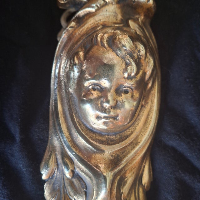 Late 19th Century 19thc French Art Nouveau Gilt Bronze "Beautiful Baby Face" Sconce With Designer Art Glass Period Shade For Sale - Image 5 of 18