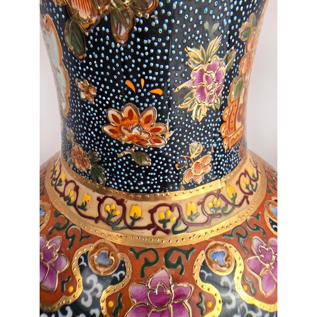 Late 20th Century Japanese Satsuma Style Tall Porcelain Vase – With Cranes, Peonies, Gilt Detail & Famille Noir Palette For Sale In West Palm - Image 6 of 12