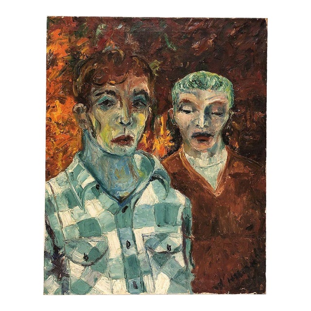 Neo-Impressionist Abstract Modern Art Oil on Canvas Portrait of Two Men For Sale