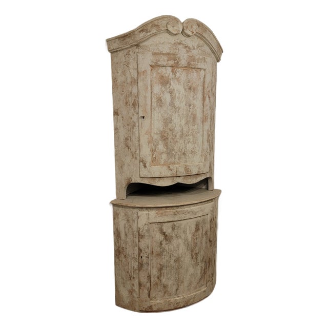 Antique Swedish Corner Cabinet in Gustavian Style With Swans-Neck Style Top For Sale