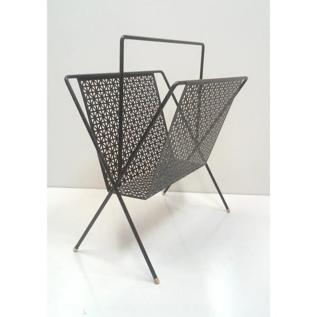 1950s Mid 20th Century Black Perforated Metal Magazine Rack For Sale - Image 5 of 5