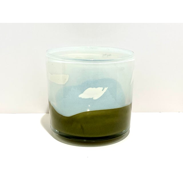 Traditional Signed Henry Dean Belgian Mouth-Blown Art Glass Cylinder Vessel / Hurricane Seafoam Blue & Olive For Sale - Image 3 of 7