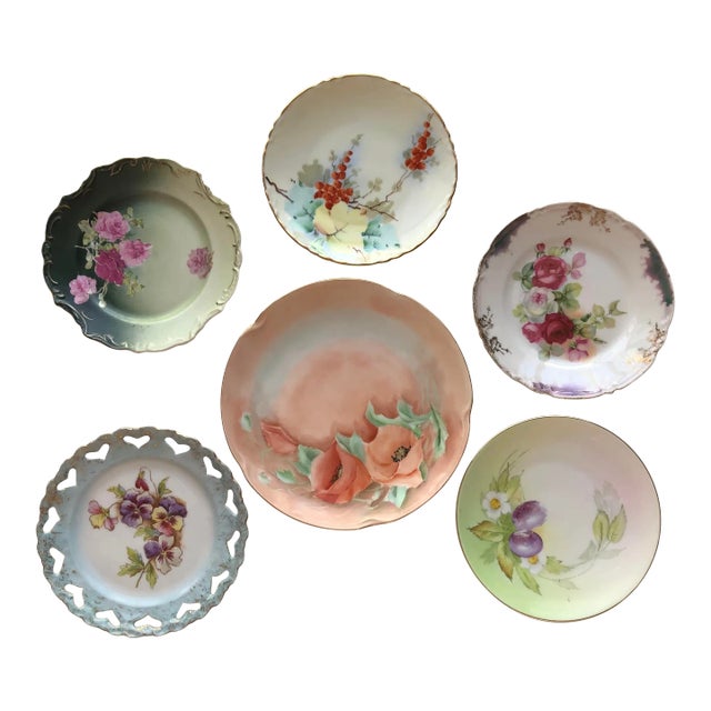 Vintage German Porcelain Floral Design Hand Painted Wall Plates S/6 For Sale