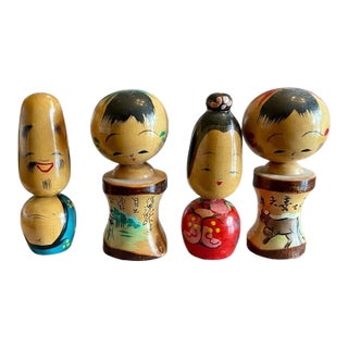 Vintage Japanese Kokeshi Dolls-Set of 4-Miniature Hand Painted Wood-Japan- MCM For Sale