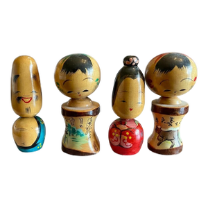 Vintage Japanese Kokeshi Dolls-Set of 4-Miniature Hand Painted Wood-Japan- MCM