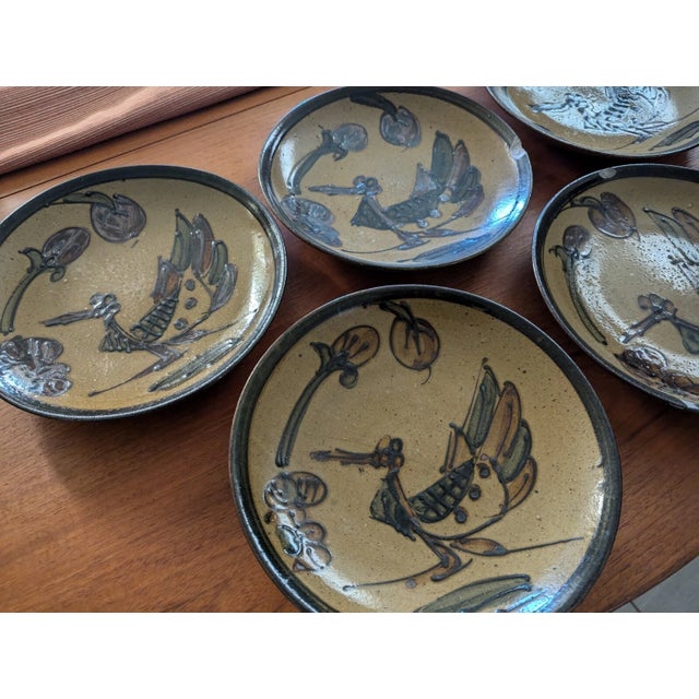 Brown Vintage Ceramic Otagiri 10" Dinner Plate Set of 4 Tan with Abstract Green For Sale - Image 8 of 13