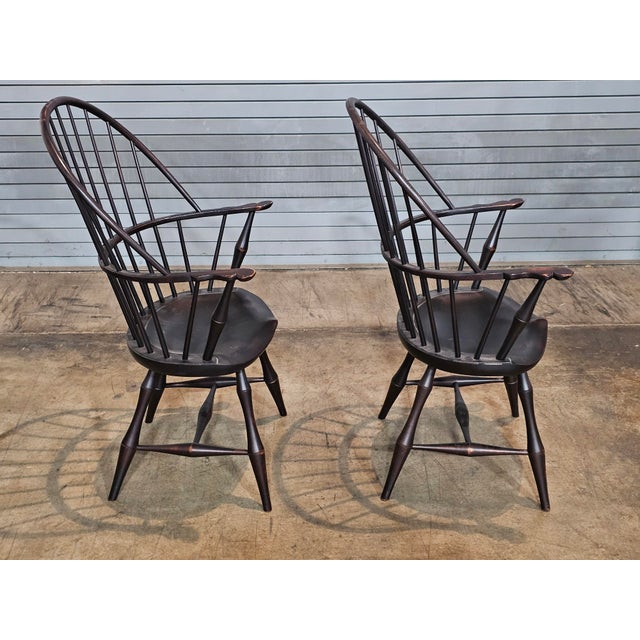 American Late 20th Century Pair of d.r. Dimes Sack Back Windsor Arm Chairs Bench Made Black Crackle Finish For Sale - Image 3 of 7