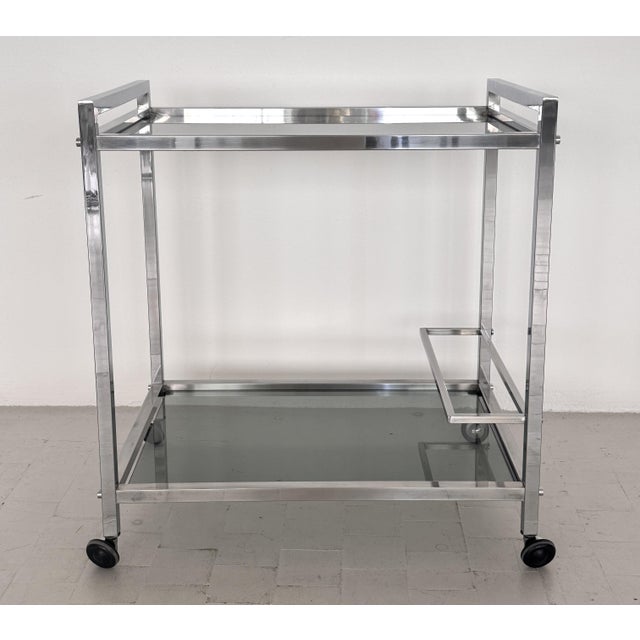 Mid-Century Italian Chrome and Glass Two Tier Rolling Bar Cart, 1970s For Sale - Image 4 of 17