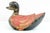 A pair of vintage hand-carved wooden ducks painted in black, red and gold with a worn, distressed finish, rounded body,...
