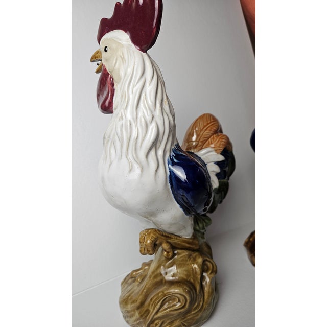 French Country Pair of Large Vintage Majolica-Style Ceramic Rooster Sculptures – 17" Tall For Sale - Image 3 of 11