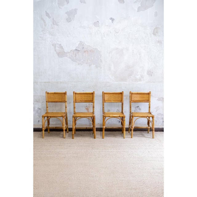Bamboo and Rush Fabric Chairs, Italy, 1970s, Set of 4 For Sale - Image 6 of 8