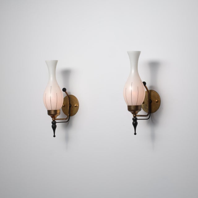 Italian Brass, Black Lacquered Metal and Opaline Glass Wall Sconces, 1950s, Set of 2 For Sale - Image 6 of 10