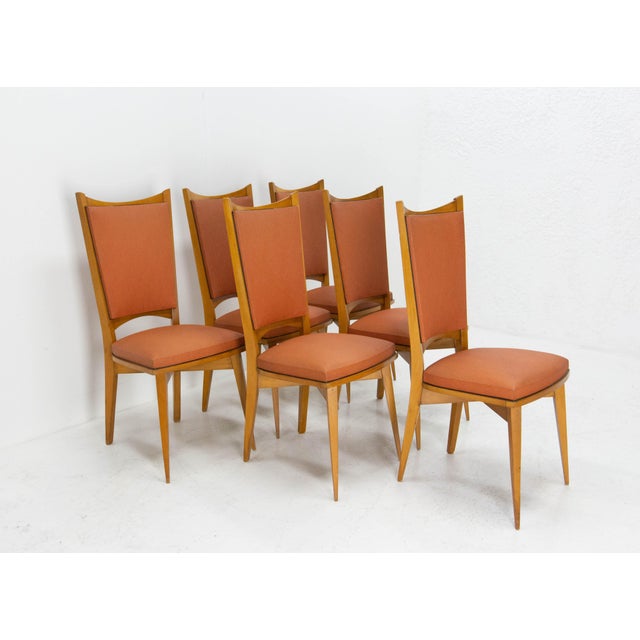 Mid-Century Dining Chairs in Beech and Red Moleskine, France, 1950s, Set of 6 For Sale - Image 3 of 13