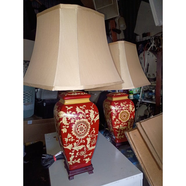 1980s Chinoise28 ," Urn Table Lamps With Shades - a Pair For Sale - Image 4 of 8