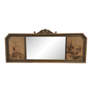Antique 1920s La France Jacquard Tapestry Ship Mirror With Carved Crest For Sale