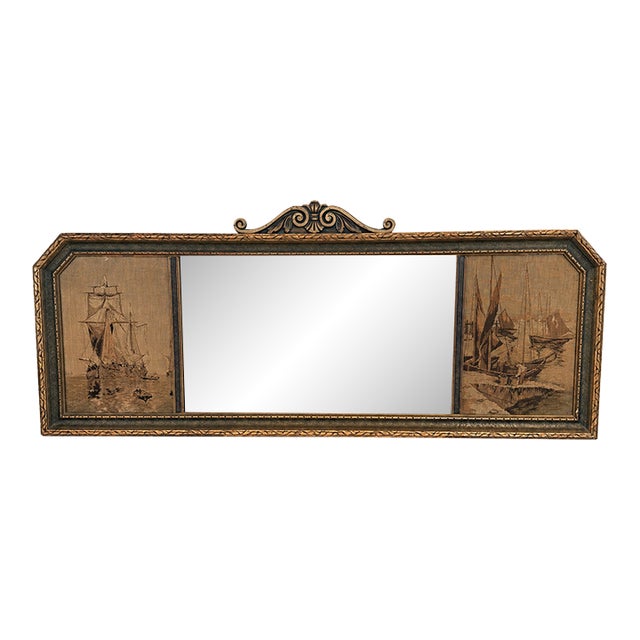 Antique 1920s La France Jacquard Tapestry Ship Mirror With Carved Crest For Sale