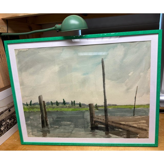 Newly framed large vintage waterfront landscape painting at 35" x 27" in modern Green Glazed Frame. Simple and Modern...