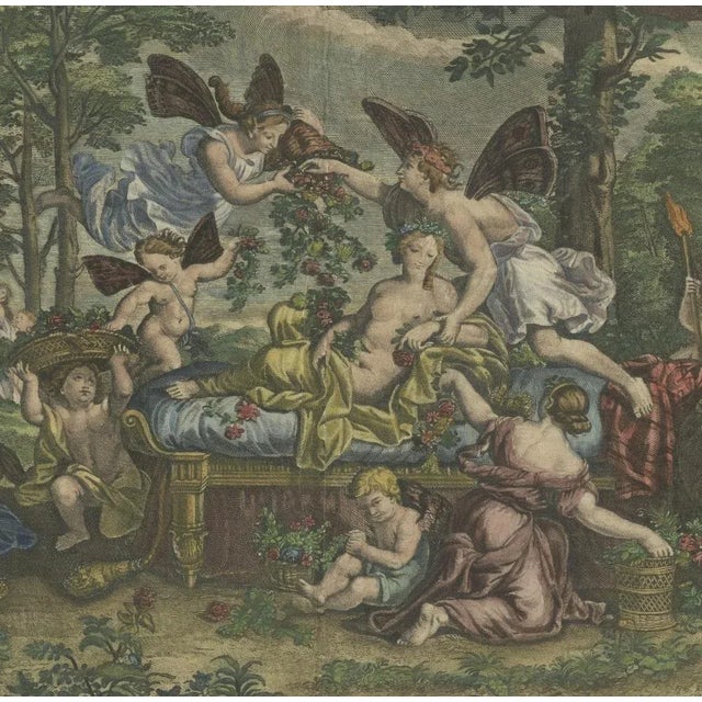 Hand-Colored Antique Engraving of Flora Lying on a Bed Surrounded by Angels For Sale - Image 4 of 6