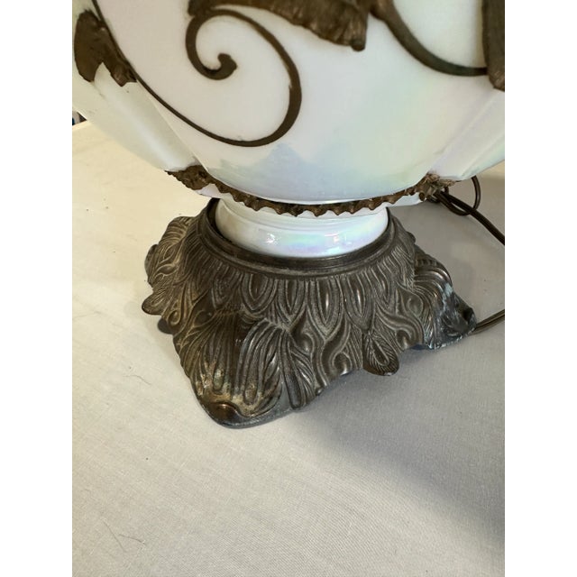 Metal Pair of Hollywood Regency Lamps Large Opalescent Iridescent White Glass Bodies W/ Bronze Filigree Overlay 3-Way Switch 1970s For Sale - Image 7 of 11