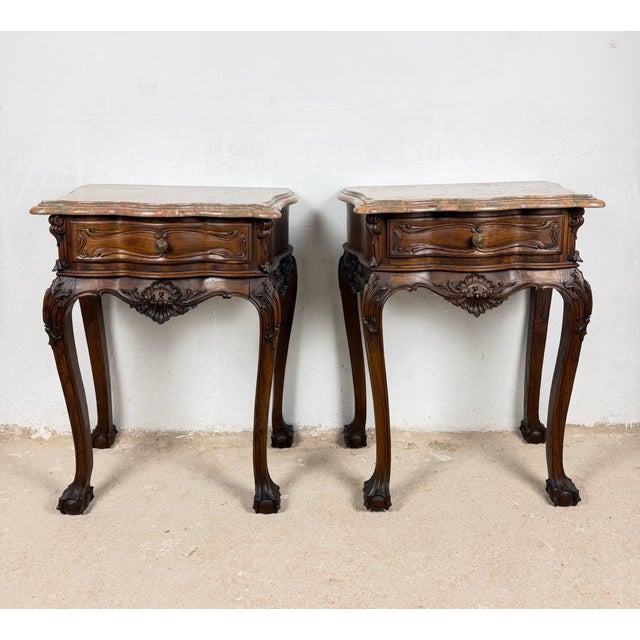 Pair of French Louis XV Style Nightstands with Marble Tops For Sale - Image 6 of 15