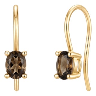 Oval Smoky Quartz Prong-Set Solitaire French Wire Dangles in Yellow Gold - A Pair For Sale