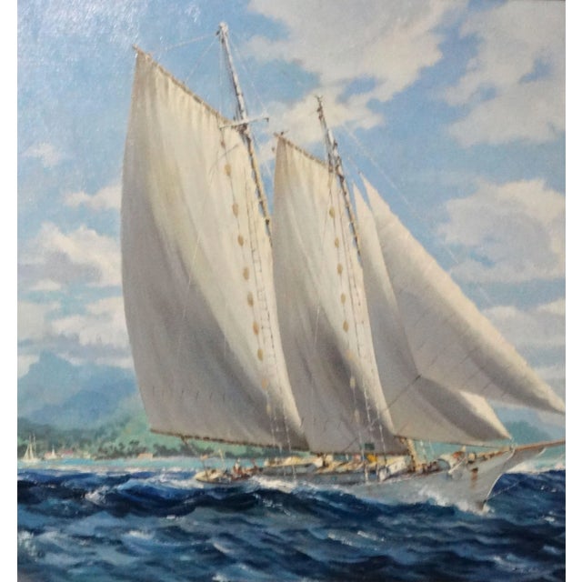 Yacht Oil Painting Sailing Off Bora Bora Louis Macouillard 1913-1987 Gilt Frame For Sale - Image 6 of 15