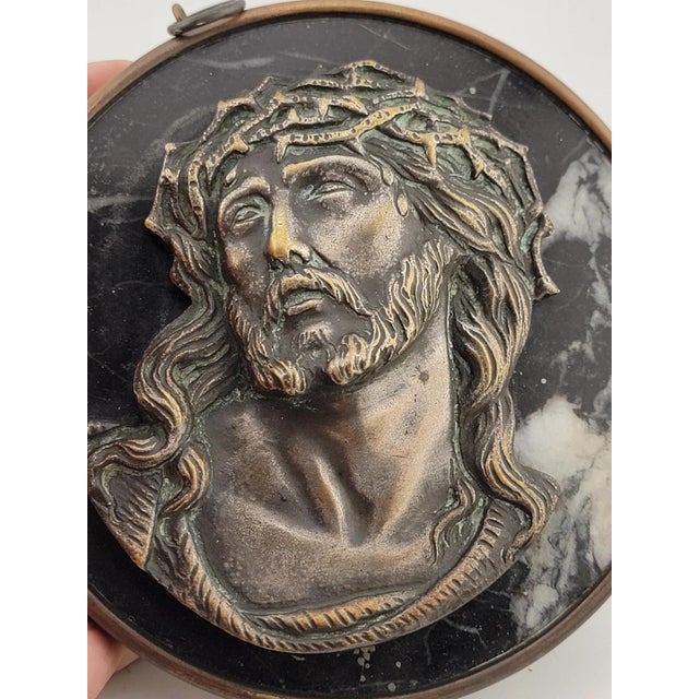 Rare One Of Kind Antique Jesus & Mary Wall Hanging Bronze & Green Marble Plaques For Sale - Image 4 of 12