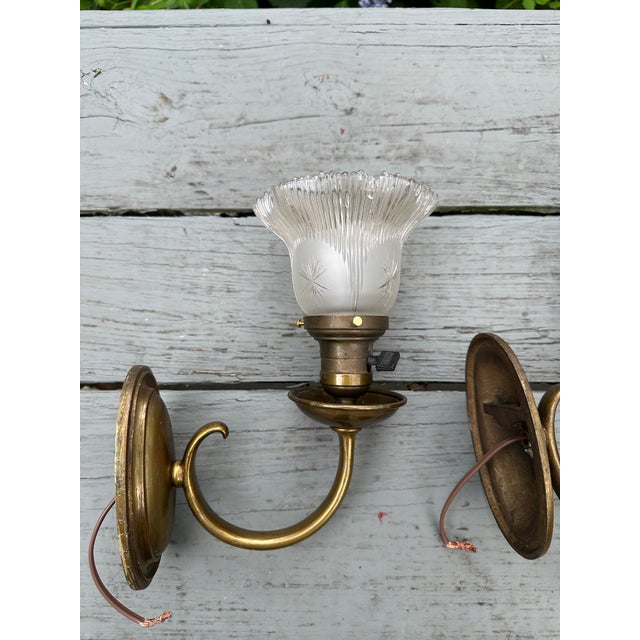 Vintage Brass Sconces With Vintage Gillinder Shade - a Pair For Sale - Image 4 of 6