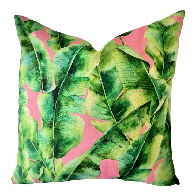 Contemporary Dominican Banana Leaves with Pink Pillow Cover For Sale