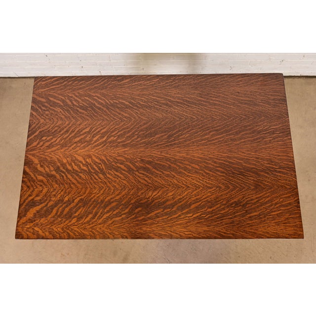 Wood Stickley Brothers Style Antique Mission Oak Arts & Crafts Writing Desk or Library Table, Newly Refinished For Sale - Image 7 of 12