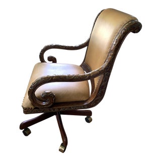 Traditional Executive Swivel Chair With Carved Wood Arms and Tan Leather For Sale