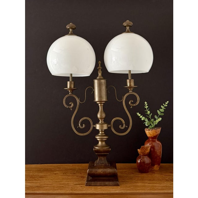 Glass 1950s Italian Brass & Wood Double Arm Student Lamp With Milk Glass Shades For Sale - Image 7 of 11