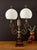 Glass 1950s Italian Brass & Wood Double Arm Student Lamp With Milk Glass Shades For Sale - Image 7 of 11