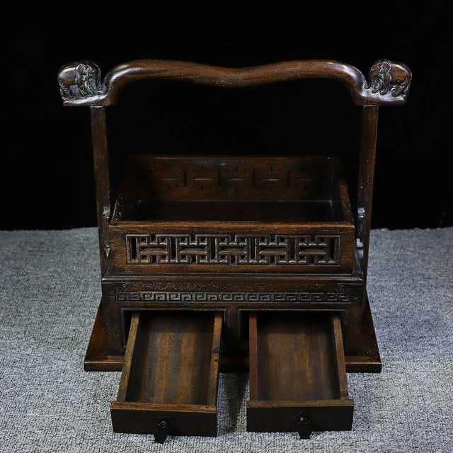 Vintage Chinese Huali Rosewood Carved "Elephant" Handled Picnic Box / Tea Caddy For Sale In Los Angeles - Image 6 of 9