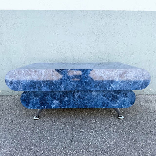1980s Postmodern Bullnose Faux Blue Marble Coffee Table on Chrome Legs For Sale - Image 5 of 7