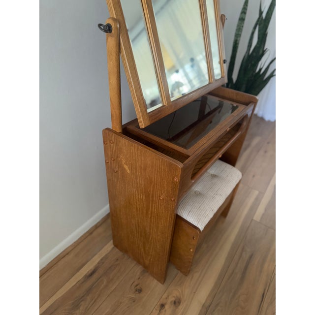 Wood Mid 20th Century Oak Vanity Table With Lighted Adjustable Top Mirror and Upholstered Bench For Sale - Image 7 of 17
