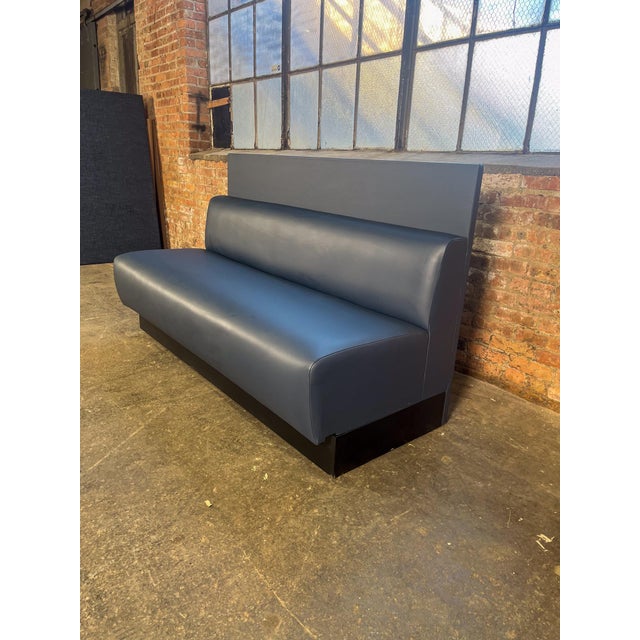Contemporary Attributed to Martin Brattrud Upholstered Banquette Bench - Blue Leather, Plinth Base For Sale - Image 3 of 6