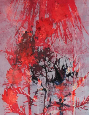 Seymour Tubis "August" Abstract Mixed Media Nature Print With Bright Red, Circa 1971 Circa 1971