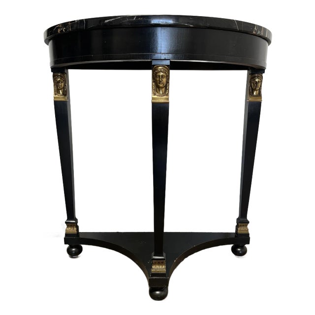 Wood Base Console Table With Marble Top and Gold Painted Accents, Demilune For Sale