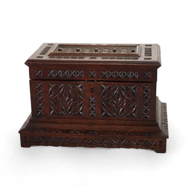 Antique Gothic Style Chip Carved Walnut Keepsake Box C1860 For Sale - Image 4 of 12
