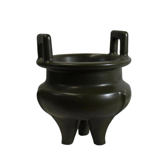 Chinese Handmade Dark Olive Army Green Ceramic Accent Ding Holder For Sale