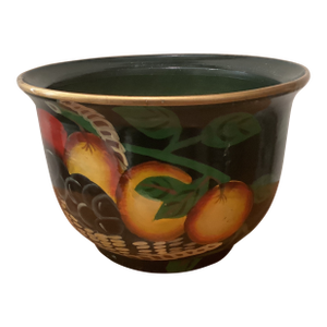 Vintage Ceramic Terracotta Paint-Decorated Planter/Bowl With Fruits Signed