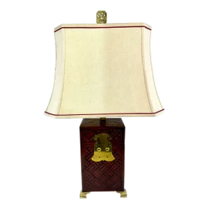 Vintage Mid Century Woven Pattern Lamp With Brass Accents