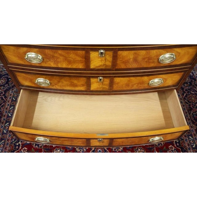 1990s Henkel Harris Mahogany & Flame Birch Inlaid Rogers Bowfront Dresser Chest For Sale - Image 16 of 17